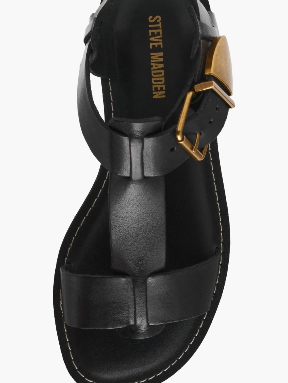 Steve Madden Black Leather T-Strap Sandal with Gold Buckle